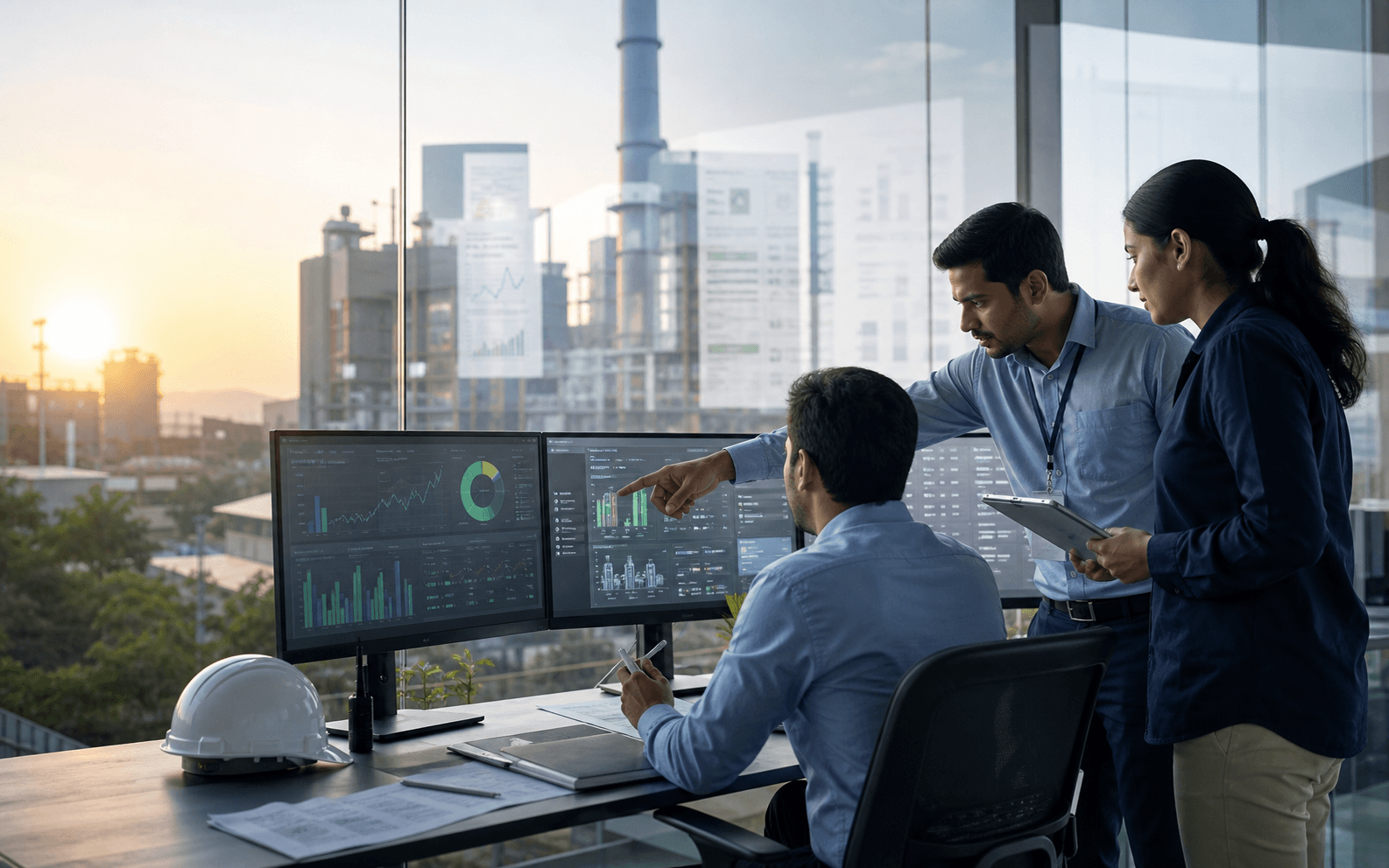 Industrial team reviewing emissions data inside a modern plant control room