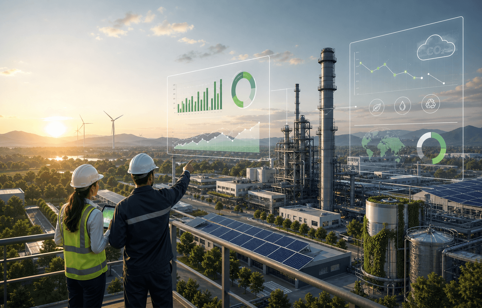 Industrial facility with renewable energy and carbon reporting dashboards