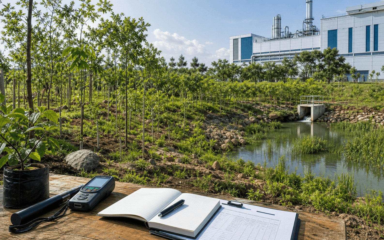 Measured environmental restoration work near an industrial campus
